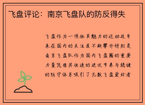 飞盘评论：南京飞盘队的防反得失