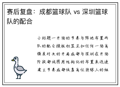 赛后复盘：成都篮球队 vs 深圳篮球队的配合