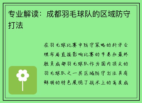 专业解读：成都羽毛球队的区域防守打法